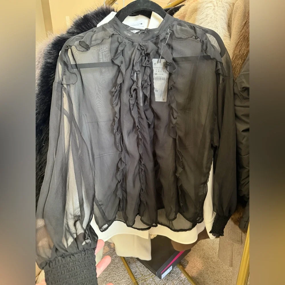 Zara NWT black ruffle long sleeve sheer mesh blouse - Picture 4 of 10